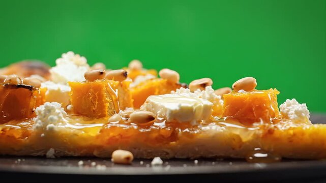 Gourmet Pumpkin and Goat Cheese Pizza Slice on Green Screen