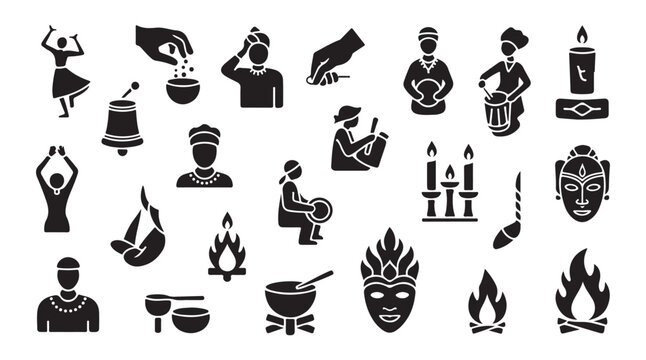 African voodoo ritual and shamanism religion black silhouette vector flat style graphic set