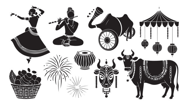 Indian cultural elements set with dancer musician sacred cow and festive fireworks graphics