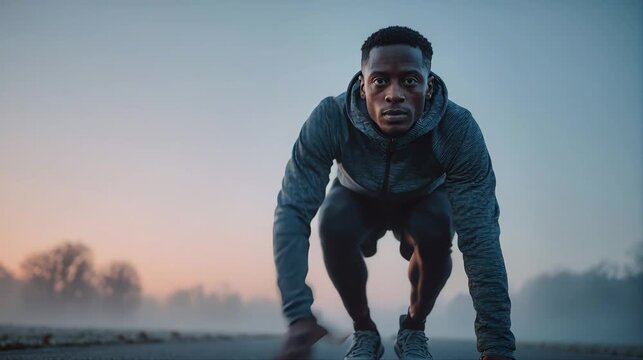 Male athlete in a starting position on a misty road at dawn, ready to sprint with intense focus in a dramatic outdoor fitness scene