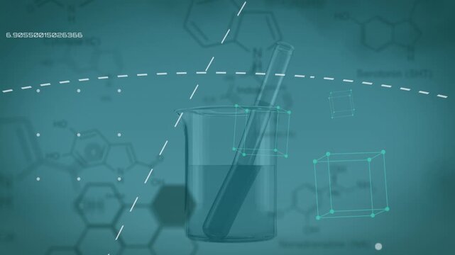 Animation of data processing and chemical formulas over test tube and glass on green background