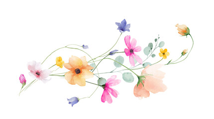 Watercolor floral bouquet. Blush poppy, red rose bud, orange, pink, blue flowers, turquoise eucalyptus branch, green leaves, wild herbs. Hand drawn illustration. Artistic template design © satika