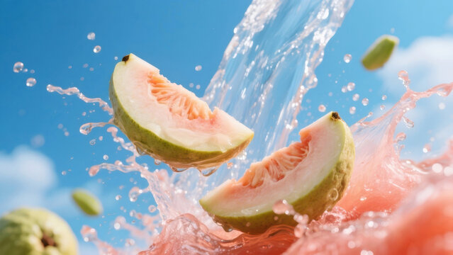 Beverage Ad Creative &ndash; Ultra-Wide Guava Waterfall Splash with Liquid Explosion and Floating Delicate Slices