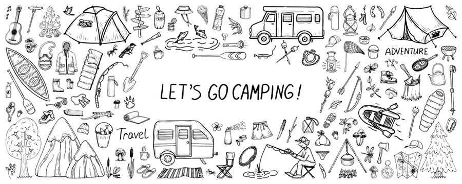 Large let go camping set. Vector hand drawn doodle. Outdoor recreation. Hiking trail in mountains. Tent in forest by lake. Fishing. Marshmallows. Campfire. Line art graphic illustration.