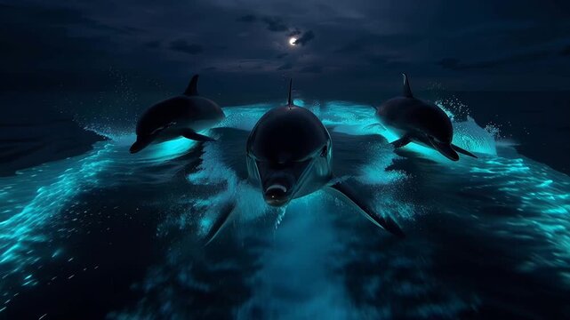 外洋の夜に生物発光の光跡をまとい波乗りするイルカの群れ