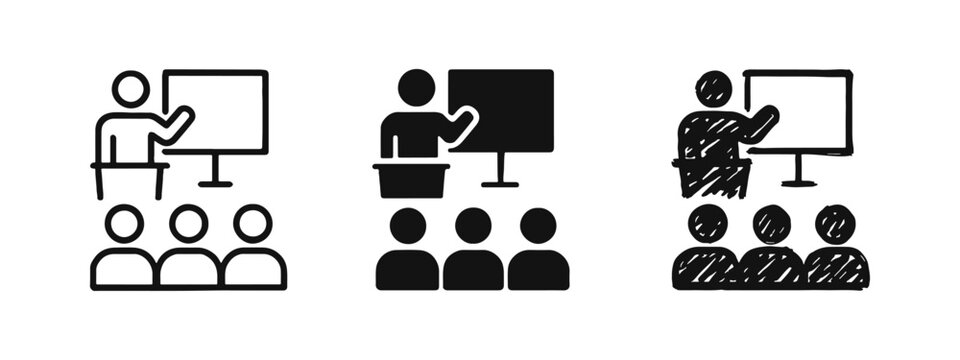 Presentation and training icon set with lecturer and audience