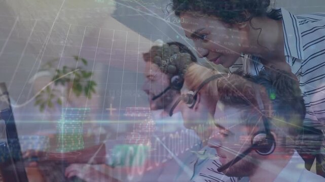 Animation of graphs, codes, trading board, diverse agents discussing, people gambling at casino