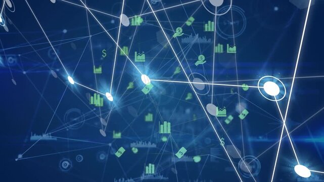 Animation of globe of finance icons, data processing and light trails on blue background