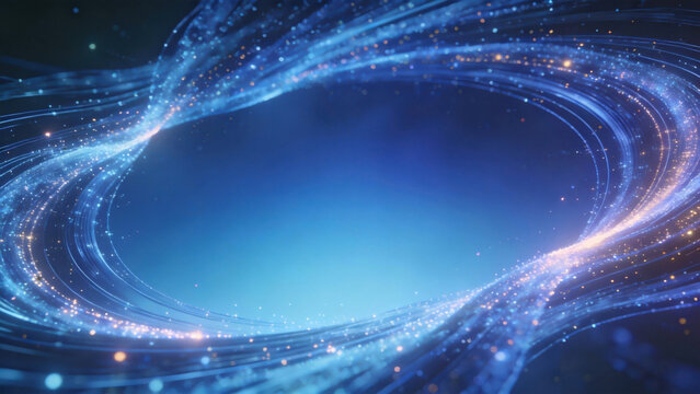 Futuristic tech key visual background with deep blue gradient, surrounded by flowing particle light ribbons, sparkling dots creating dynamic visual effects