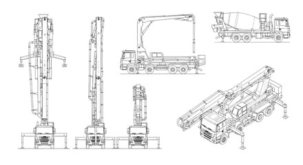 Obraz premium Concrete Pump Truck AutoCAD Blueprint Vector – Construction Boom Pump Vehicle Multi-View Technical Drawing Black Outline Isolated on White