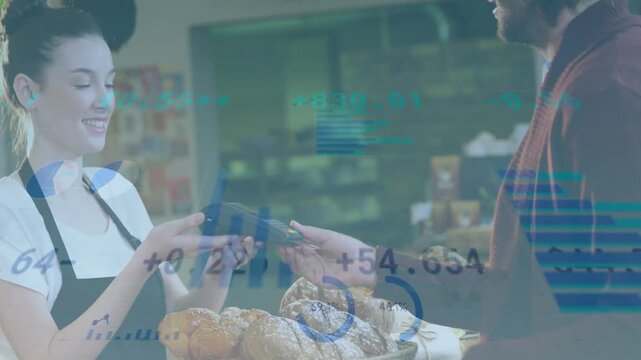Customer tapping card at bakery counter for payment, generating animated financial bar charts