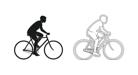 Fototapeta premium A vector graphic illustration showing a stylized male figure actively riding a bicycle, presented as both a solid black silhouette and a detailed outline design on a clean white background.