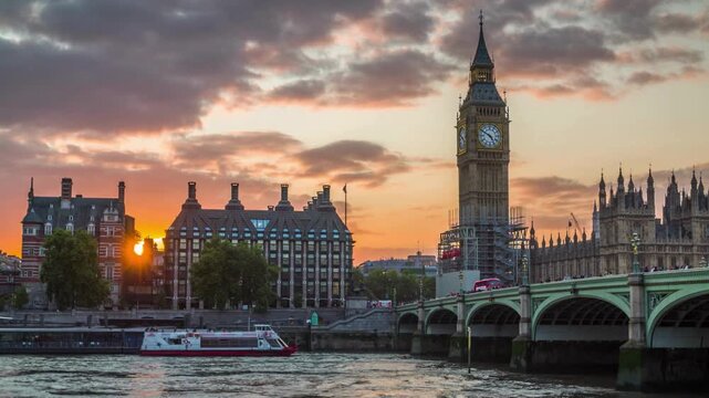 Breathtaking view of London United Kingdom Westminster Bridge looking at Big ben at sunset. stunning architecture. 