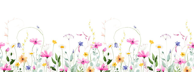 Watercolor floral seamless border. Meadow pink chamomiles, yellow, orange, blue bell flowers, green branches, leaves, wild herbs. Hand drawn illustration. Artistic template design © satika