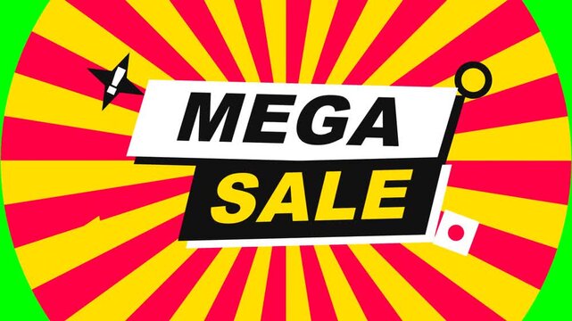 An exciting and visually vibrant animated mega sale promotion banner featuring bold text, dynamic bursting rays, and a versatile green screen