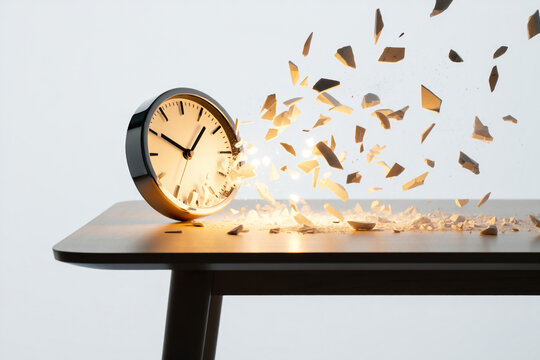 Clock exploding into fragments on table surface, symbolizing time passing