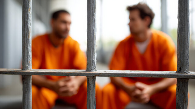Two inmates sitting behind metal bars inside prison cell