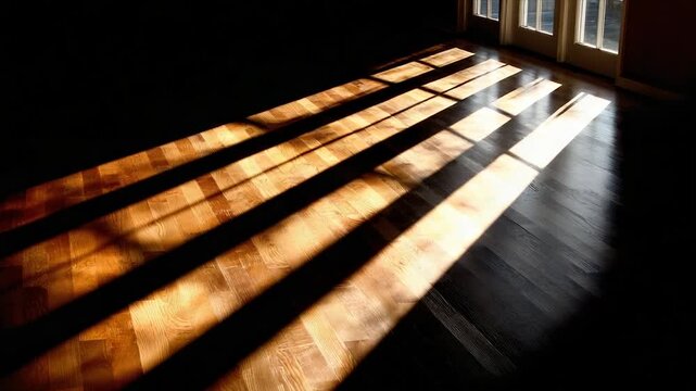 Sunlight streams through windows, creating parallel shadows on a wooden floor