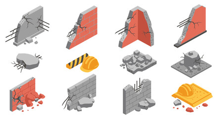 Isometric depiction of damaged brick walls rubble construction equipment and warning tape a striking silhouette high quality professional detailed modern © mrvect02