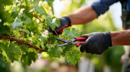 Obraz premium Worker pruning vine with shears in vineyard setting
