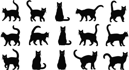 Black cat silhouettes in multiple poses, sitting, standing, walking, tail variations, minimalist design, stylized artwork, decorative illustration, creative pattern, modern feline concept © MDMUNTASSER