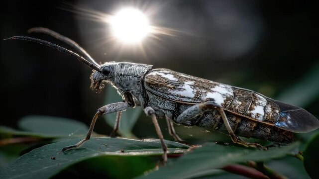 A detailed macro shot showcases an insect perched on a leaf, backlit by the sun