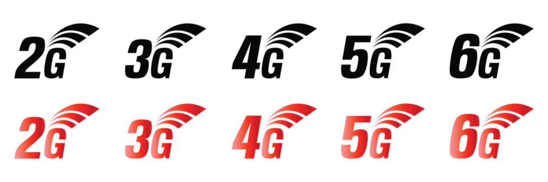 Mobile network technology icon set featuring generations from 2g to 6g with signal wave symbols for wireless telecommunication vector illustration.
