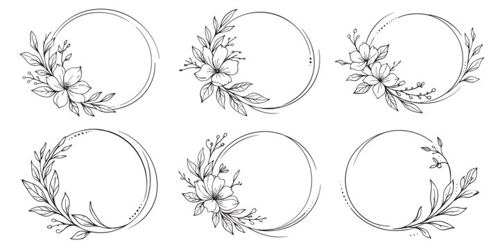 set of floral wreath frames, botanical circle borders with flowers and leaves, hand drawn outline vector collection on transparent background