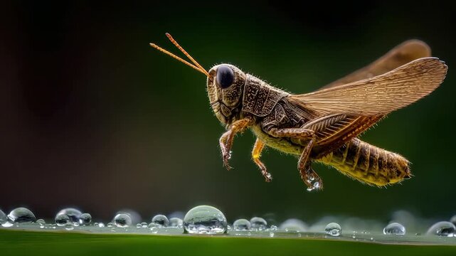 Macro shot of grasshopper in flight over water drops on a leaf, with blurred background