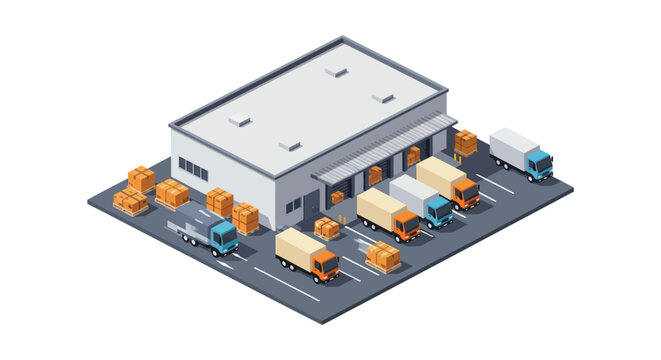 Isometric depiction of a warehouse facility with loading docks trucks and cargo containers presented as a silhouette high quality professional detailed