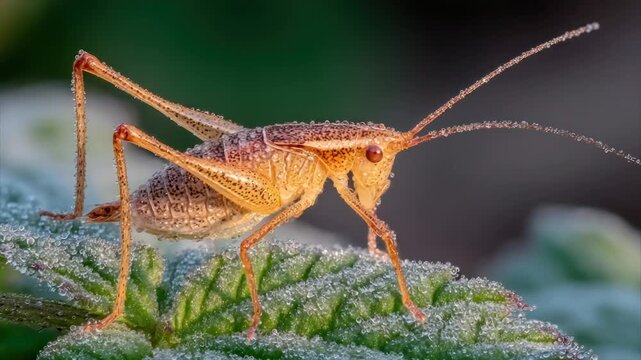 A dew-covered insect perches on a leaf. Close-up highlights detail of texture and form