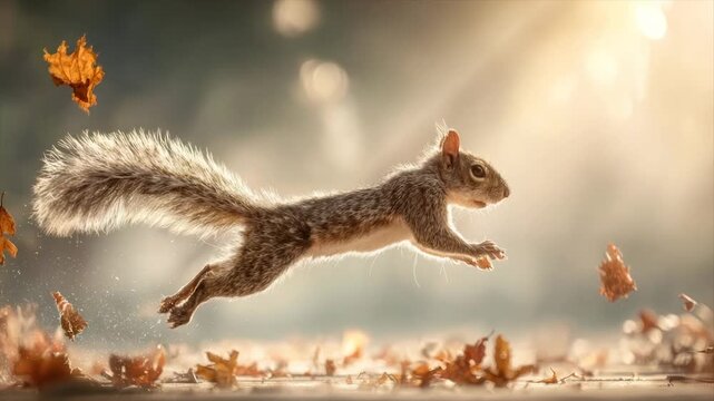 A leaping squirrel in mid-air amidst falling autumn leaves and warm sunlight