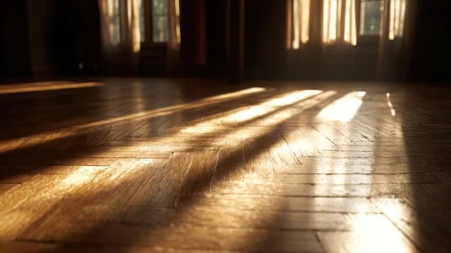 Interior shot of a wooden floor with light streaming through windows, creating shadows