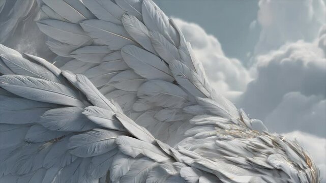 A close-up view of an angel's wing with layered, fluffy white feathers against a cloudy sky