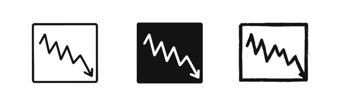 Downtrend line graph icon set. Financial recession, market crash, or negative business trend symbol.