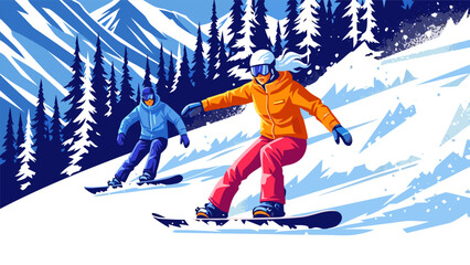 Two vibrant vector illustration snowboarders carve downhill through snowy alpine trees mountain adventure © Vector
