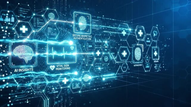 AI insight biometric authentication vital sign monitoring digital health futuristic interface medical technology healthcare data visualization innovation network connection fingerprint scan heartbeat