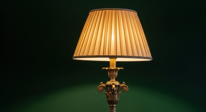 Ornate Brass Floor Lamp with Intricate Base and Pleated Shade Illuminating a Room