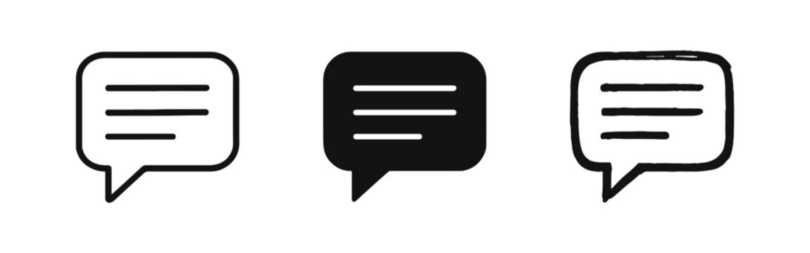 Speech bubble with text lines icon set. Chat, message, conversation, or communication symbol in different styles.