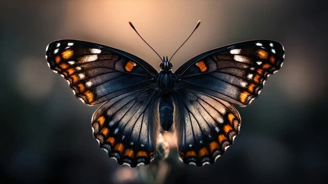 A symmetrical, detailed butterfly with orange, white and black wings, backlit by soft light