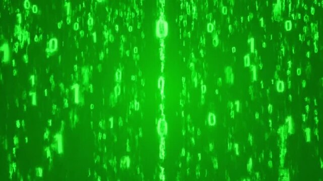Green binary code matrix rain animation with falling 0s and 1s on dark background