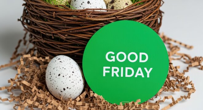 Easter celebration with good friday sign and eggs in a nest on white background