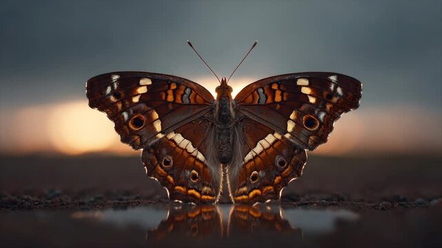 Close-up of a butterfly with open wings, reflecting on the ground, against an out-of-focus dusk backdrop