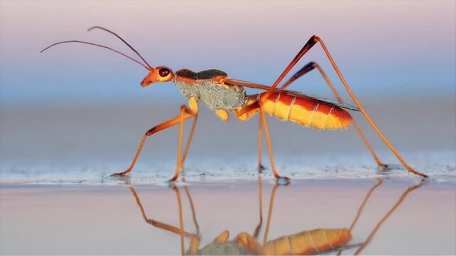 A macro shot of an insect with vibrant colors, long legs, and intricate details reflected in the water