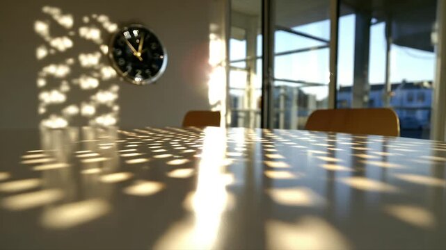 Sunlight casts patterned shadows on a table, with a clock on a wall, and chairs