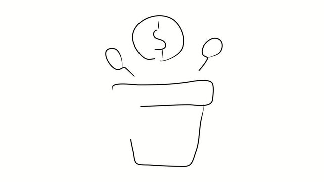 Money, financial growth, flower pot. Contour drawing, silhouett animation. Continuous line. Isolated on white. Video 4k object illustration self-drawing. Object construction. Minimalist continuous lin