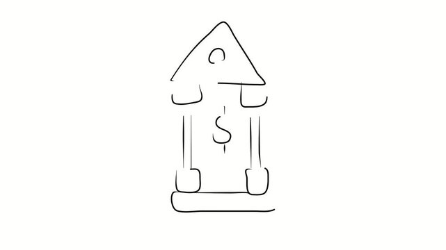 Bank, financial institution, architecture. Contour drawing, silhouett animation. Continuous line. Isolated on white. Video 4k object illustration self-drawing. Object construction. Minimalist continuo