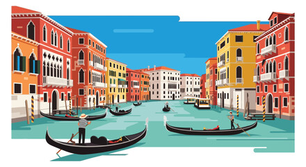 A vibrant venetian canal scene with gondolas and buildings highlighted by a dark silhouette high quality professional detailed modern elegant stylish © mrvect02