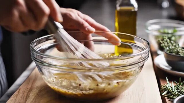 Close-up of hands whisking a homemade salad dressing or marinade in a glass bowl with fresh herbs and olive oil on a wooden board.