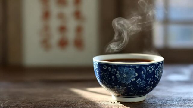 A steaming cup of tea in a blue and white patterned bowl on a wooden surface